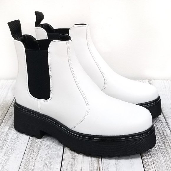 New White Elastic Chelsea Combat Lug Boots - Picture 2 of 5